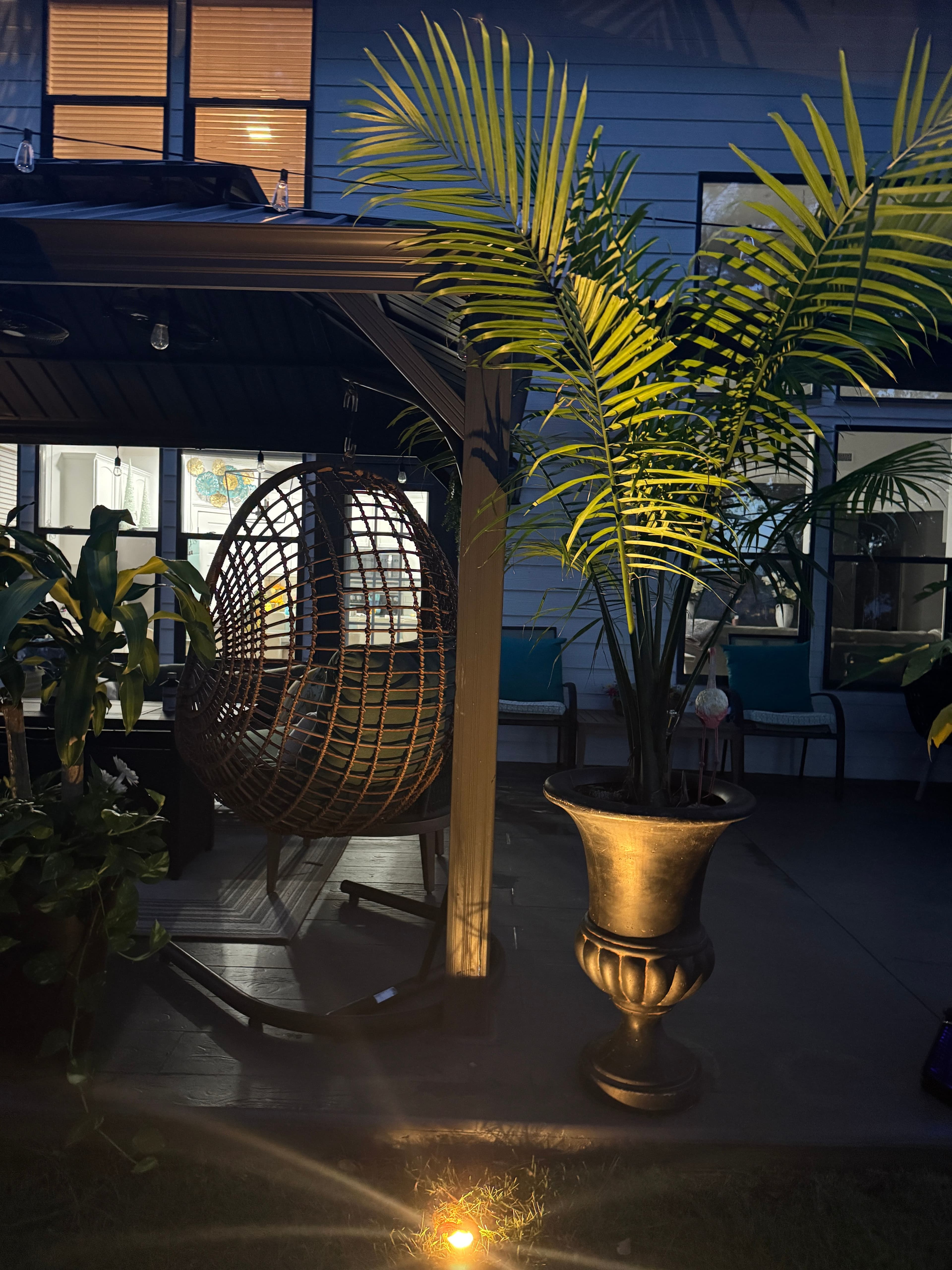 Modern Patio Lighting Design with Hanging Chair Feature Covered patio at night with hanging wicker chair, illuminated palm planters, and decorative outdoor lighting